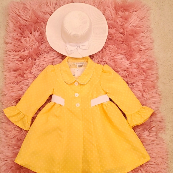 BONNIE JEAN YELLOW AND WHITE POLKA DOAT DRESS AND COAT WITH WHITE HAT - Picture 2 of 13